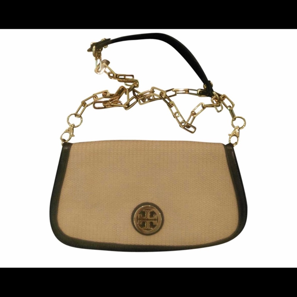 Tory Burch tan black straw leather cross body bag
